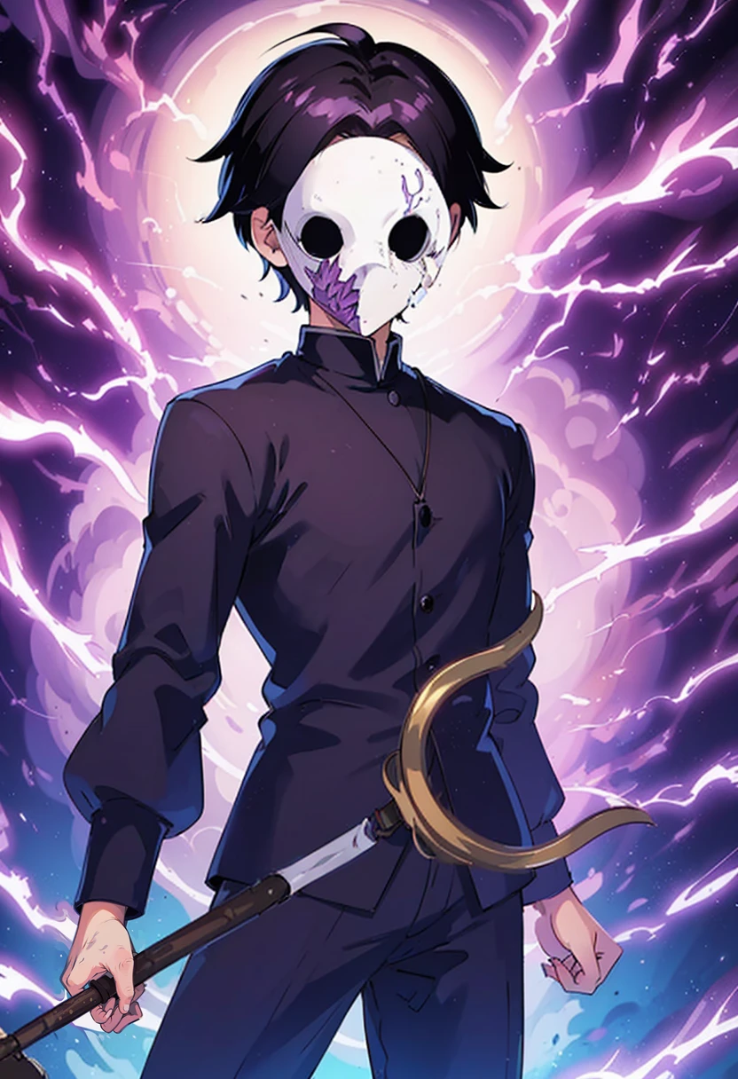Young man wearing a white mask and holding a staff. Purple lightning background.
