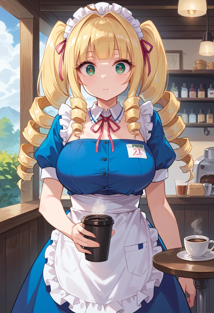 score_9,score_8_up,score_7_up,
1girl,(blue waitress's uniform:1.4),(drill hair:1.5),((pink maid headdress)),((white apron)),blonde hair,long hair,blunt bangs,ultra-detailed face,beautiful detailed eyes,((wide-eyed)),green eyes,large breasts,(cute eyes:1.4),expressionless,solo,
cowboy shot,
cafe,coffee,