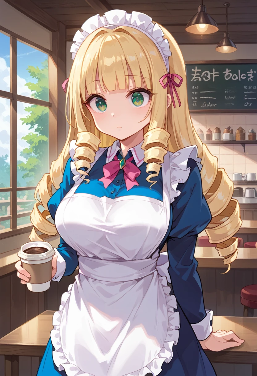 score_9,score_8_up,score_7_up,
1girl,(blue waitress's uniform:1.4),(drill hair:1.5),((pink maid headdress)),((white apron)),blonde hair,long hair,blunt bangs,ultra-detailed face,beautiful detailed eyes,((wide-eyed)),green eyes,large breasts,(cute eyes:1.4),expressionless,solo,
cowboy shot,
cafe,coffee,