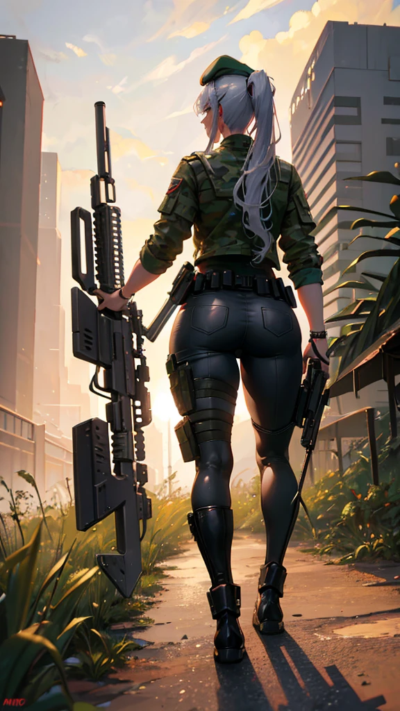 woman, mercenary expression, captain's beret, cyberpunk rifle load, western guns, camouflage pants, silver hair, long ponytail, broken muscle, dark skin, curly hair, pronounced waist, thick thighs, tight butt, jungle background amazon, high definition, rtx lighting, full body focus, shot from the back, walking in an epic way.