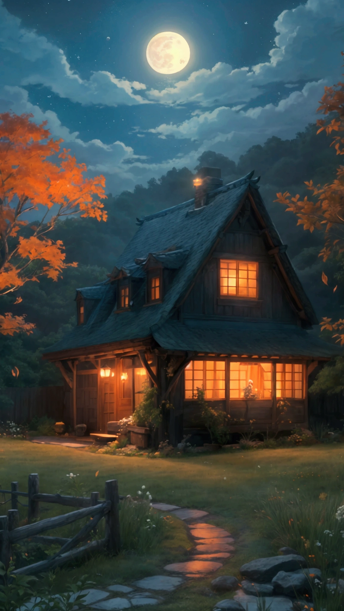 Rural landscape、Ghibli style、night、An emotional house、Sleeping scene、Calm and sleepy images、super high quality、Amazing CG、Highly detailed images。night空に輝く星々Spread、The full moon shines quietly。古いwood造の家があり、Warm orange light is coming from the window.。In front of the house there is a small garden that sways gently.、wood々The leaves are rustling in the wind。There&#39;s a cat sleeping by the window、In the garden you can see small animals asleep。The whole atmosphere is calm and、Looking at it makes me feel calm、Emotional scenery that makes you sleepy。