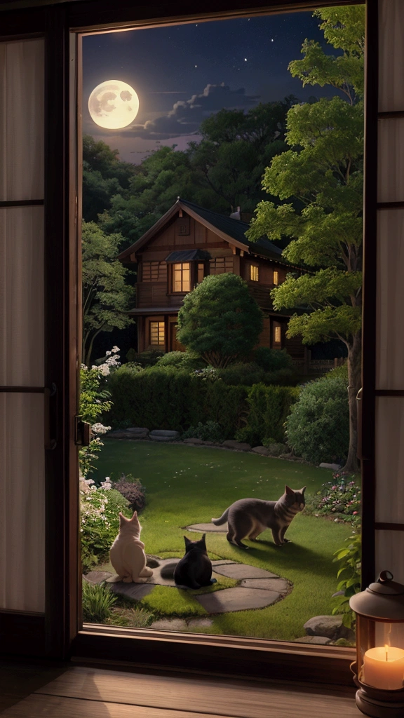 Rural landscape、Ghibli style、night、An emotional house、Sleeping scene、Calm and sleepy images、super high quality、Amazing CG、Highly detailed images。night空に輝く星々Spread、The full moon shines quietly。古いwood造の家があり、Warm orange light is coming from the window.。In front of the house there is a small garden that sways gently.、wood々The leaves are rustling in the wind。There's a cat sleeping by the window、In the garden you can see small animals asleep。The whole atmosphere is calm and、Looking at it makes me feel calm、Emotional scenery that makes you sleepy。