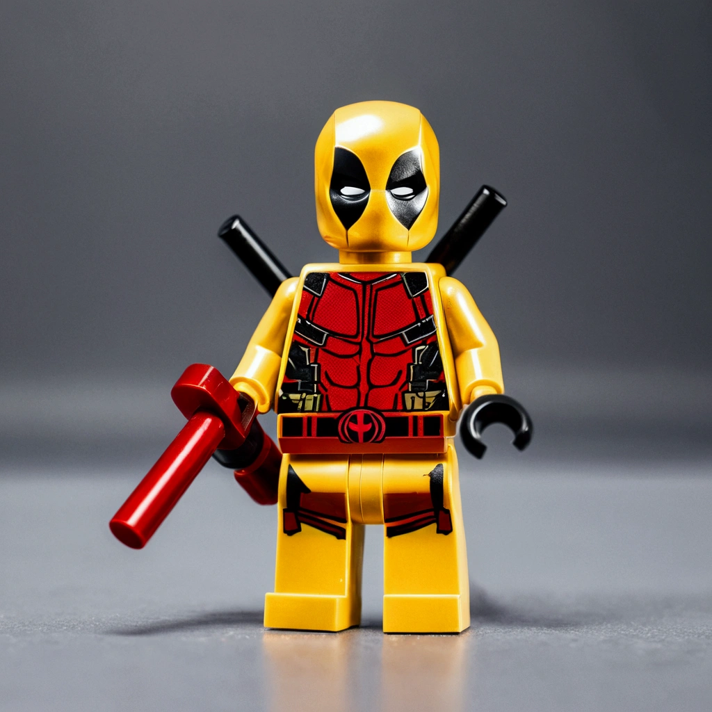 A photo of a golden lego like Dead pool, golden toy, plastic, mini gold