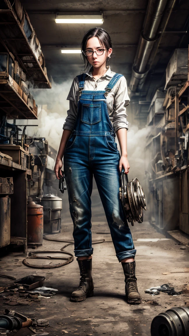 (best qualityer, 4K, work of art :1.3), 1 girl, (vapourpunk), scenario, vapourpunk room engine, repairing engine, gears, gears, vapour, booties, overalls, glasses, dirty faced, standing, machinery, oil on the floor, dirty floor