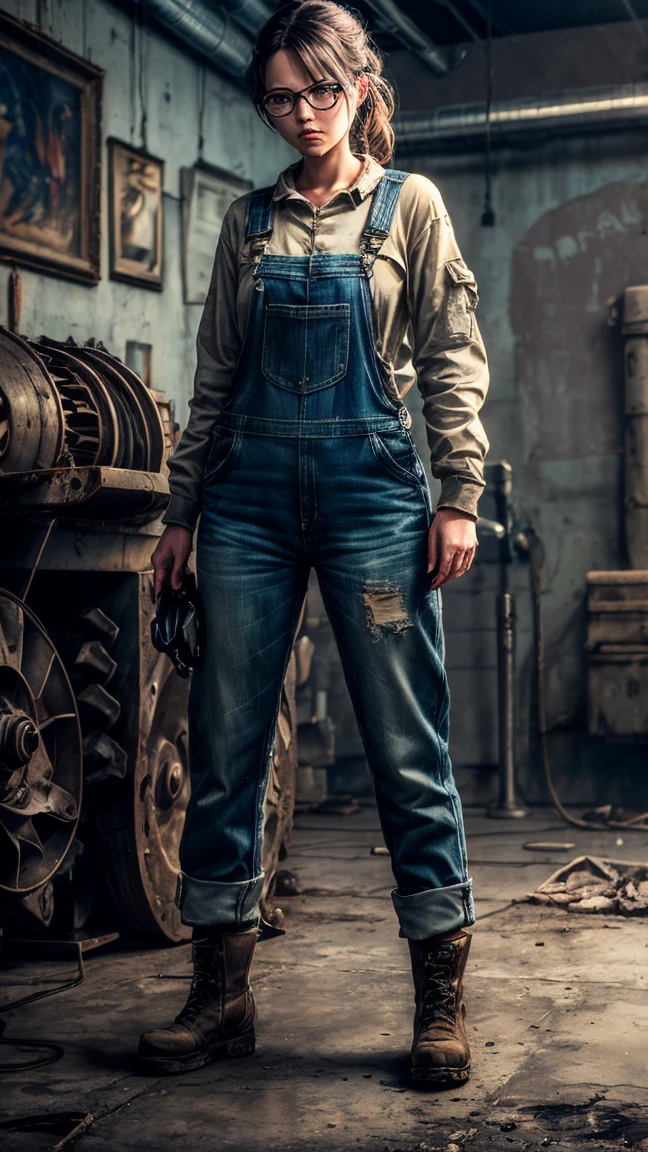 (best qualityer, 4K, work of art :1.3), 1 girl, (vapourpunk), scenario, vapourpunk room engine, repairing engine, gears, gears, vapour, booties, overalls, glasses, dirty faced, standing, machinery, oil on the floor, dirty floor