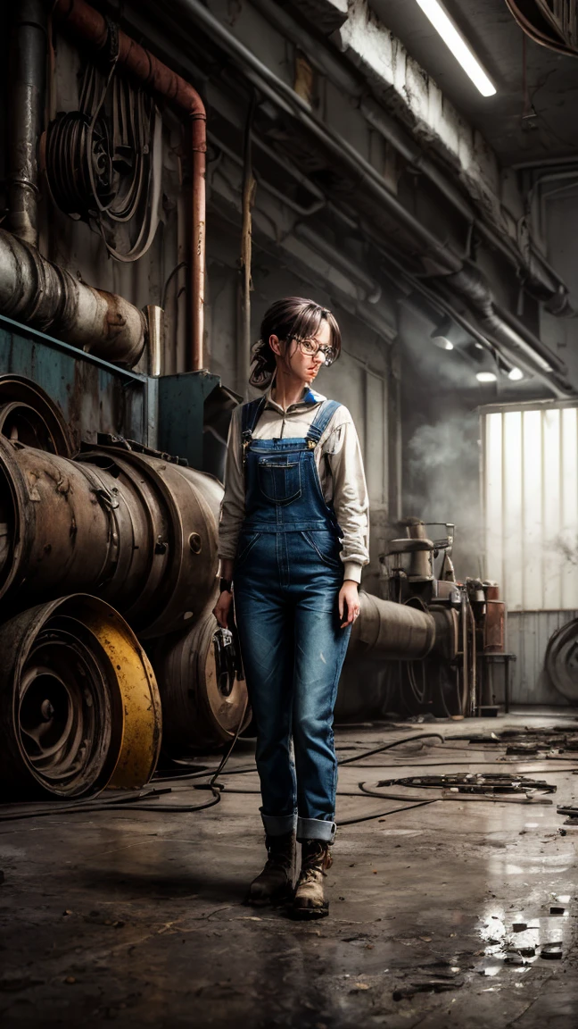 (best qualityer, 4K, work of art :1.3), 1 girl, (vapourpunk), scenario, vapourpunk room engine, repairing engine, gears, gears, vapour, booties, overalls, glasses, dirty faced, standing, machinery, oil on the floor, dirty floor