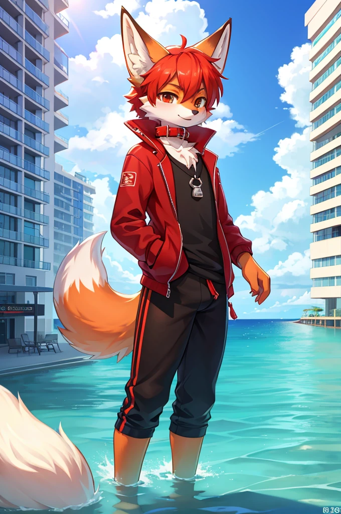 fox boy,Ocean,Red collar,Large high rise apartment building, 8K resolution,high resolution,最high resolution,sandbox,Cool clothes