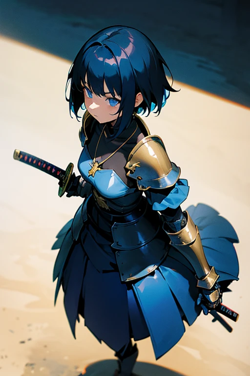 shadow covered girl, covered in shadows, lack shadows in background Anime girls, carrying katana, anime, short black hair with neon blue highlights, hair is above shoulder height, smooth beautiful, 4k, anime art, pendant on hair, cross t necklace, vivid blue dress, battle armor golden armor, little clothing