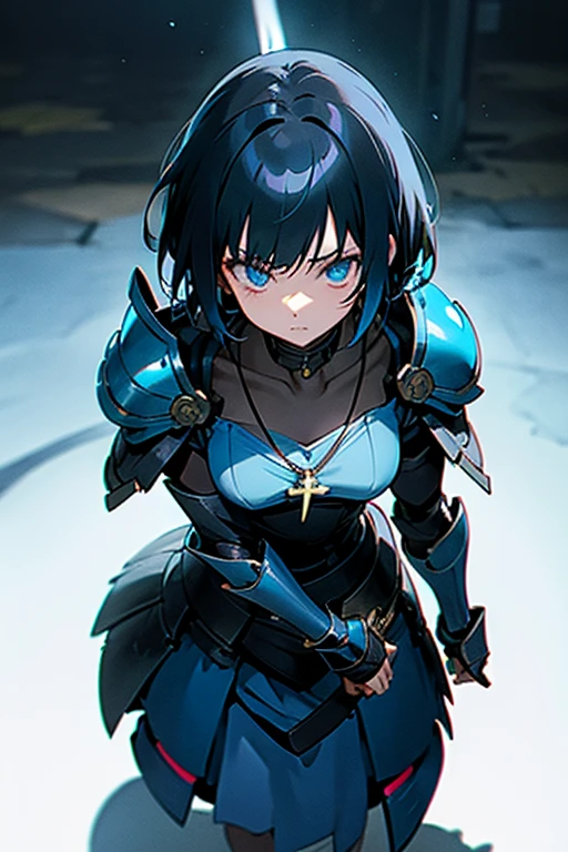 shadow covered girl, covered in shadows, lack shadows in background Anime girls, carrying katana, anime, short black hair with neon blue highlights, hair is above shoulder height, smooth beautiful, 4k, anime art, pendant on hair, cross t necklace, vivid blue dress, battle armor golden armor, little clothing