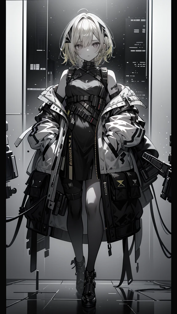 1 girl, short yellow hair, cyberpunk, Alice in Wonderland, black high heels, hand in pocket, best quality, 4k, 8k, highres, masterpiece:1.2, ultra-detailed, realistic, photorealistic, photo-realistic:1.37, HDR, UHD, studio lighting, ultra-fine painting, sharp focus, physically-based rendering, extreme detail description, professional, vivid colors, bokeh, concept art