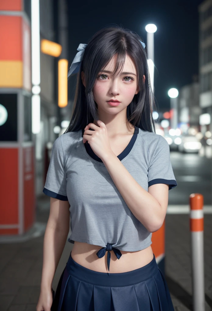 (8K, RAW Photos, Tabletop:1.3), (Realistic, Photorealistic:1.37), (night), (View your viewers:1.331), (Gray Hair), Pause, Tokyo Street, nightの街並み, Cyberpunk City, Soft Light, One Girl, Very beautiful face, bust, Put your hands down, Random hairstyle, Angry expression, Big eyes, Lower abdomen, (Short sleeve .Hmph_shirt), Hmph_style, (Dark Blue AJC_skirt), (Bow Ticker_tie), Mix 4., Highest quality、My hair is soaked from the rain、Angry face、Slap the viewer、Claps towards the audience