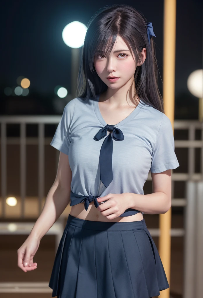 (8K, RAW Photos, Tabletop:1.3), (Realistic, Photorealistic:1.37), (night), (View your viewers:1.331), (Gray Hair), Pause, Tokyo Street, nightの街並み, Cyberpunk City, Soft Light, One Girl, Very beautiful face, bust, Put your hands down, Random hairstyle, Angry expression, Big eyes, Lower abdomen, (Short sleeve .Hmph_shirt), Hmph_style, (Dark Blue AJC_skirt), (Bow Ticker_tie), Mix 4., Highest quality、My hair is soaked from the rain、Angry face、Slap the viewer、Claps towards the audience