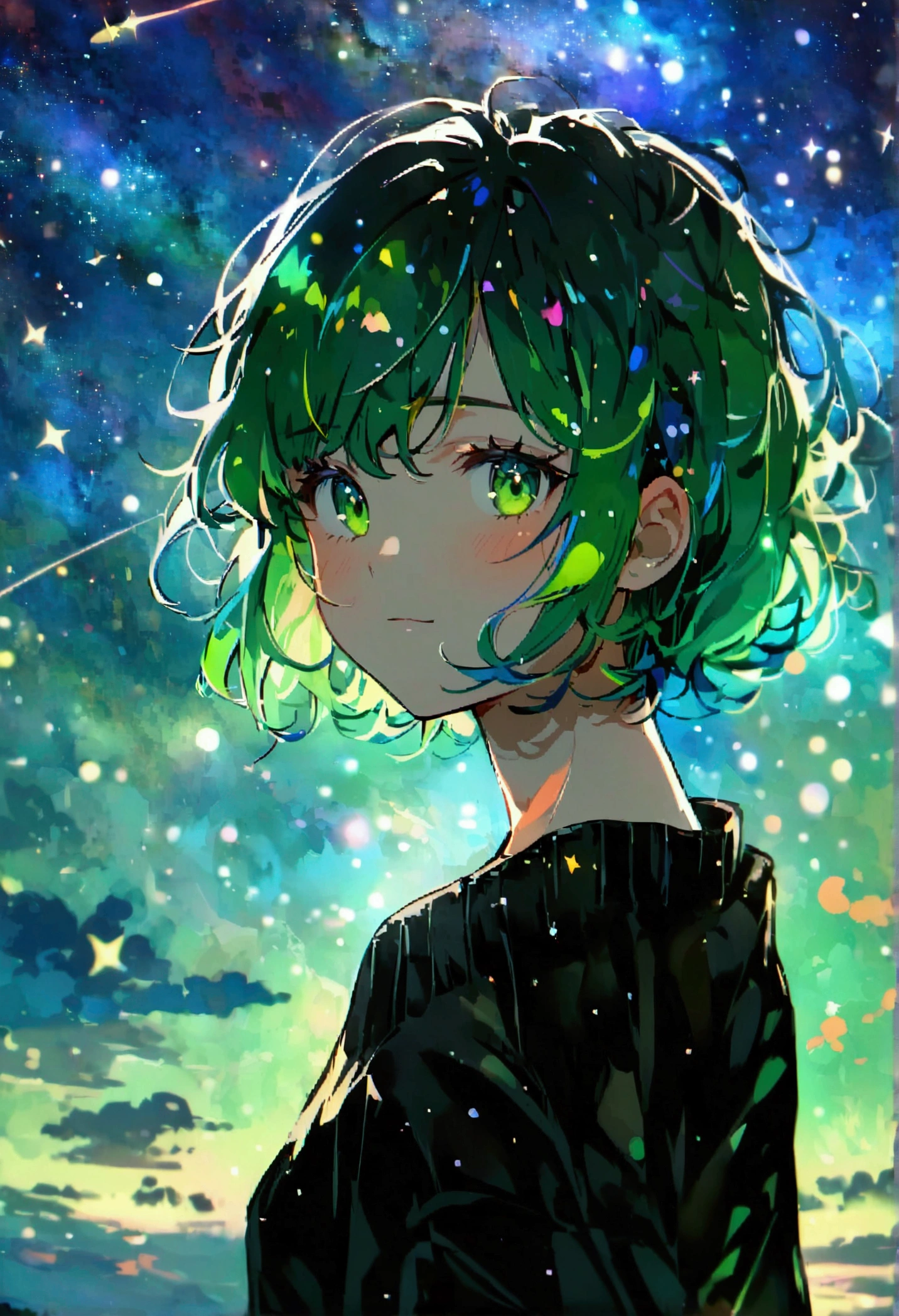 Sky, it's night, the night is full of stars, there are planets in the sky, bright colors, Incredible details, Shiny hair, spectacular hair, Cute, small, short hair, galaxy hair, green eyes, silhouette, tanned, black sweater,