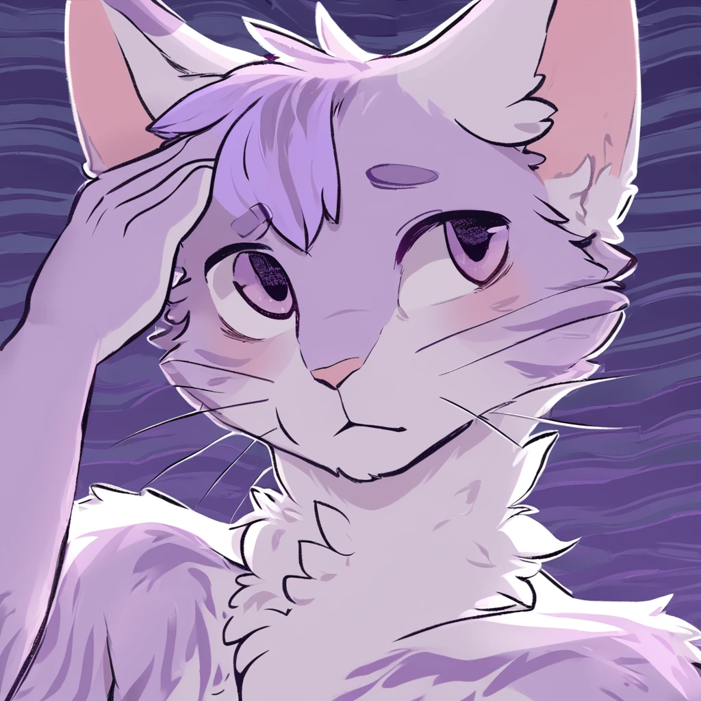 adult, feline, mammal, anthro, anthropomorphic, cat, striped, fur, striped_feline, fur, male, light_purple, purple_hair, fluffy, white, white_chest, shy, small_pupils, digital_art, high_resolution, high_res, hand-drawn, pencil_lines, head_visible, background, neck_visible, seductive_face, detailed_line_work, profile_picture, head_visible, neptune_background, purple_background, cute, white, posing, finger_paws, dream_pose, headshot, head_only, small_pupils, seducted_face, tufts, paws, chest