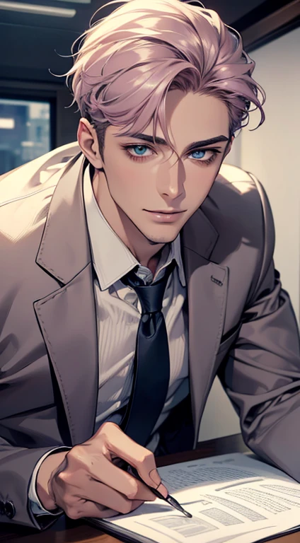 (Highest quality,4K,8K,High resolution,masterpiece:1.2),Super detailed,(Realistic,photoRealistic,photo-Realistic:1.37),1 person,31 years old,Mature Men,Beautiful skin、very handsome,Expressionless,smile,Short gray pink hair,blue eyes,Sharp Eyes,A perfect face without a doubt,Businessman, desk mansion,Office Background,Cinema Lighting,HDR image,tie、