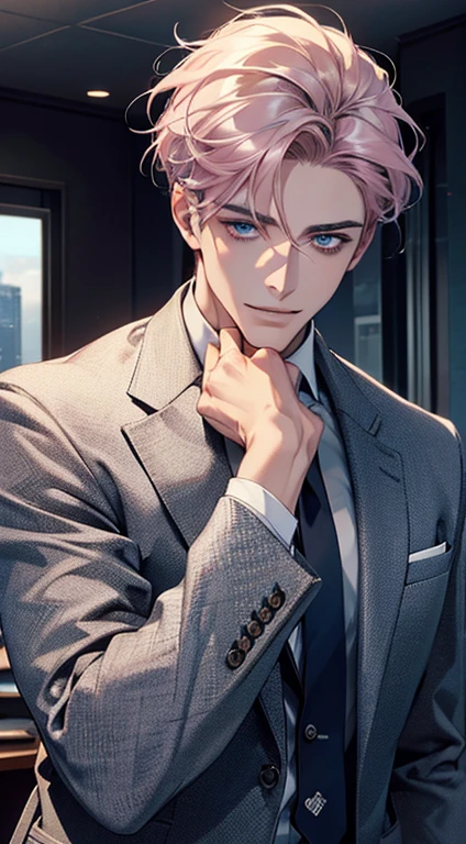 (Highest quality,4K,8K,High resolution,masterpiece:1.2),Super detailed,(Realistic,photoRealistic,photo-Realistic:1.37),1 person,31 years old,Mature Men,Beautiful skin、very handsome,Expressionless,smile,Short gray pink hair,blue eyes,Sharp Eyes,A perfect face without a doubt,Businessman, desk mansion,Office Background,Cinema Lighting,HDR image,tie、