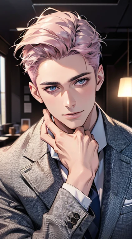 (Highest quality,4K,8K,High resolution,masterpiece:1.2),Super detailed,(Realistic,photoRealistic,photo-Realistic:1.37),1 person,31 years old,Mature Men,Beautiful skin、very handsome,Expressionless,smile,Short gray pink hair,blue eyes,Sharp Eyes,A perfect face without a doubt,Businessman, desk mansion,Office Background,Cinema Lighting,HDR image,tie、
