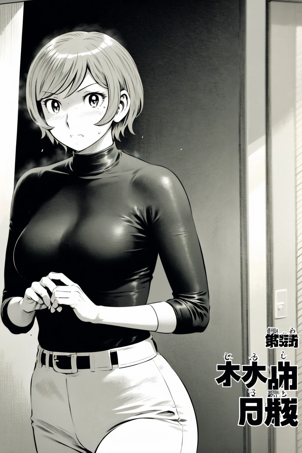 、(masterpiece、Highest quality)、Highest quality, Ultra-high resolution, (((masterpiece))), alone, Sweat、Big eyes,Tight black shirt、Tight white pants、belt、indoor、Composition from the front、(後ろCut your hair short、short hair、blonde、woman)、Shortcuts、Embarrassed face、Cut your hair short、可愛いwomanの子、Big Breasts、office