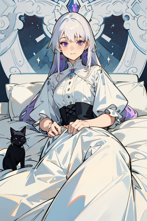 (of the highest quality、16k、Masterpiece、ultra high resolution、victorian era、photorealistic:1.2)、A delicate girl with platinum white hair, her hair loose and long to her waist, his eyes are amber, 20 years old, who is lying in bed at dusk, surrounded by crystals and a completely black cat with purple eyes. Her platinum hair is messy., framing its androgynous charm. She wears a flowing white dress with blue trim... A subtle smile plays on his lips., Your skin shines with the moon with an ultra-dense texture., and his fingers are full and detailed.
