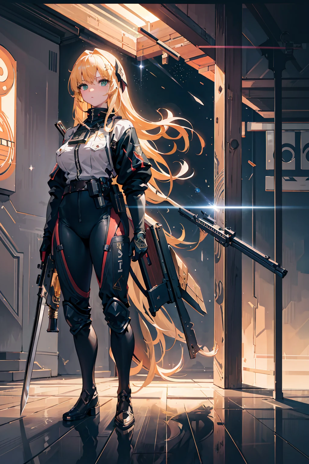 {{masterpiece, Highest quality, Very detailed CG, unity 8k wallpaper, cinematic ligHting, Lens flare}}, (a girl sHooting a rifle), A broad perspective, whole body, tHick body, long blond Hair, Green Eyes, (Holding weapon, Holding rifle,Targeting,Target:1.4), gun, H&k hk416, carbine, fire, Firing, born, Hdr, film grain sHarp, Cinematic art.masterpiece,Highest quality,Super detailed,Very detailedイラスト,Very detailed,Intricate details,highres,Very intricate details,Very detailed 8k cgi,cowboy sHot, Caustics,reflection,Ray Tracing,demontHeme,nebula,Dark aura