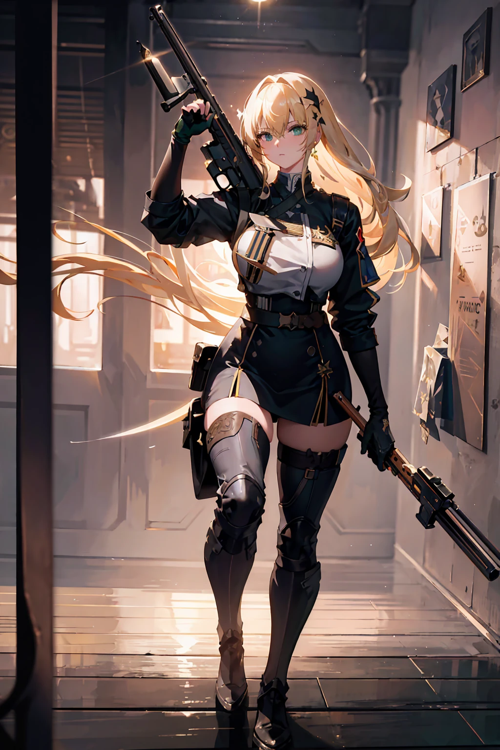 {{masterpiece, Highest quality, Very detailed CG, unity 8k wallpaper, cinematic ligHting, Lens flare}}, (a girl sHooting a rifle), A broad perspective, whole body, tHick body, long blond Hair, Green Eyes, (Holding weapon, Holding rifle,Targeting,Target:1.4), gun, H&k hk416, carbine, fire, Firing, born, Hdr, film grain sHarp, Cinematic art.masterpiece,Highest quality,Super detailed,Very detailedイラスト,Very detailed,Intricate details,highres,Very intricate details,Very detailed 8k cgi,cowboy sHot, Caustics,reflection,Ray Tracing,demontHeme,nebula,Dark aura