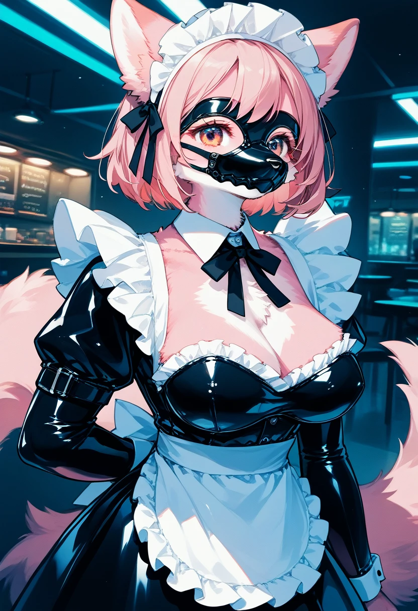 Highest quality, Highest quality, High quality illustrations, masterpiece, Ultra-high resolution, Detailed Background, maid Cafe, Absurd, Perfect Anatomy, performance, Good lighting, Shadows in the movies(kemono, Furry Personifi猫ion), Pink Skin, Rubber suit, Rubber suit, latex, neon, neonライト, neonカラー, Rubber maid outfit, ribbon, Rubber mask