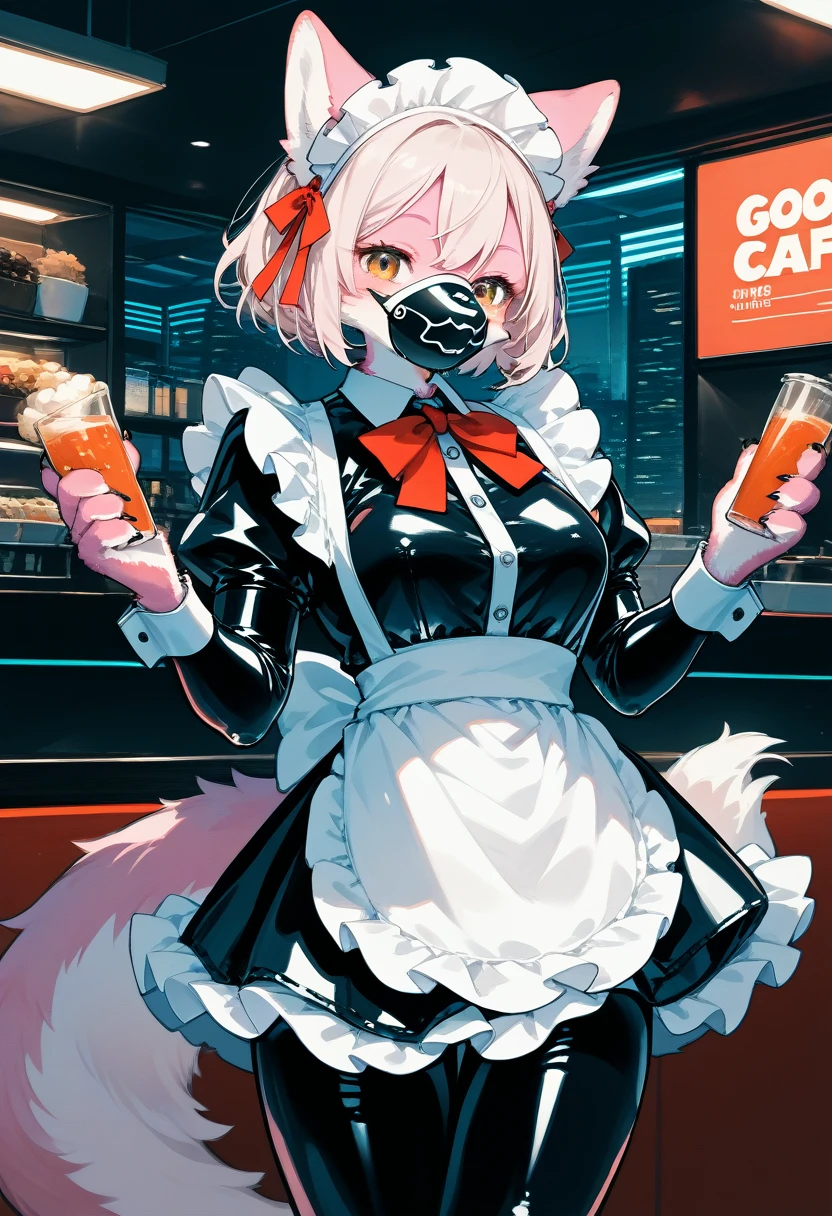 Highest quality, Highest quality, High quality illustrations, masterpiece, Ultra-high resolution, Detailed Background, Cafe, Absurd, Perfect Anatomy, performance, Good lighting, Shadows in the movies(kemono, Furry Personifi猫ion), Pink Skin, Rubber suit, Rubber suit, latex, neon, neonライト, neonカラー, Rubber maid outfit, ribbon, Rubber mask, Red harness