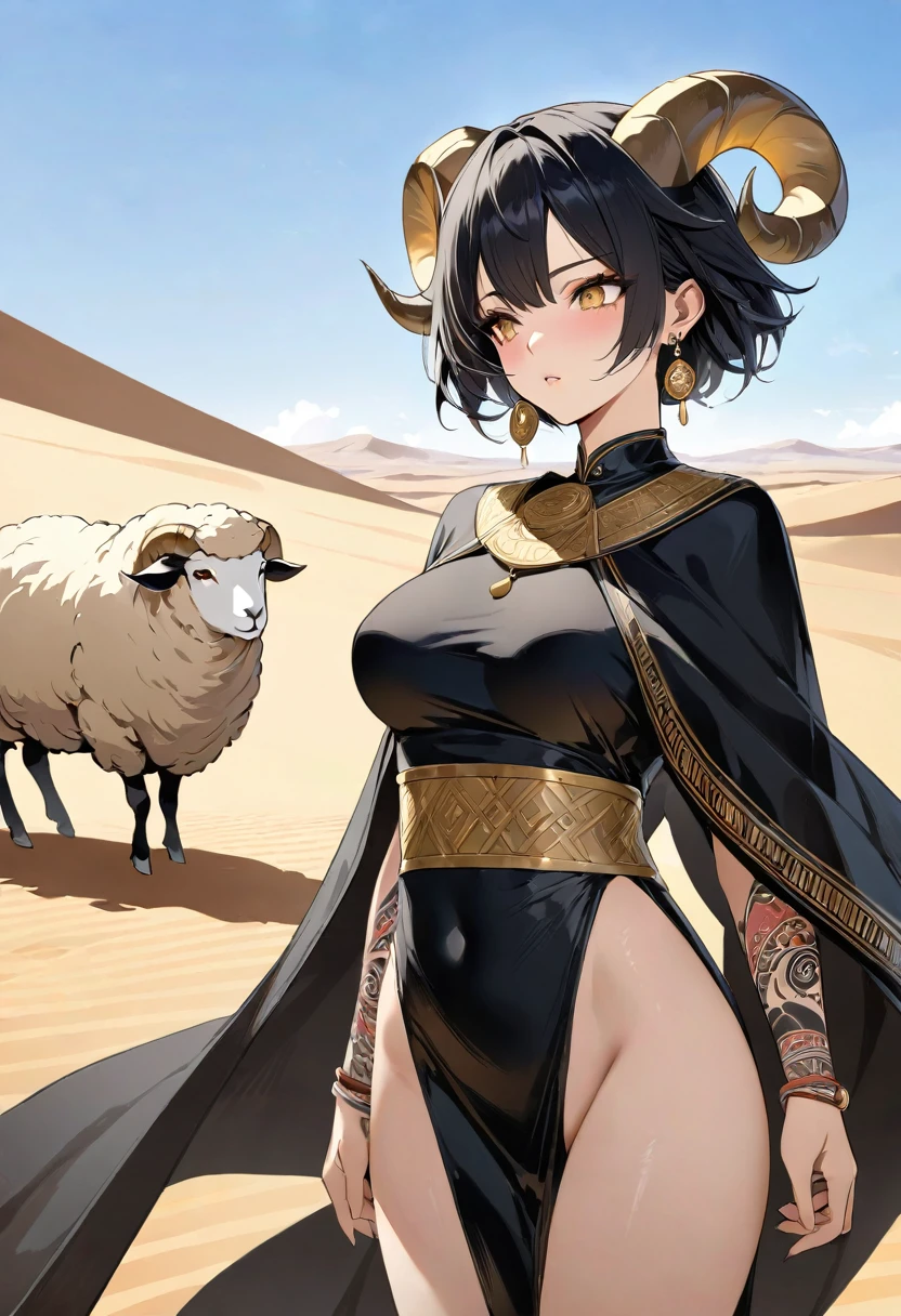 ＮＳＦＷ。Subtle and textured sketches。Ultra HD。Masterpiece。Ethnic tattoos。Extremely beautiful, clear, golden eyes like jewels。Vast desert。It has curled horns like a sheep.。Gold earrings。The wind is blowing。Black Short Hair。A woman in a black poncho is standing,anime
