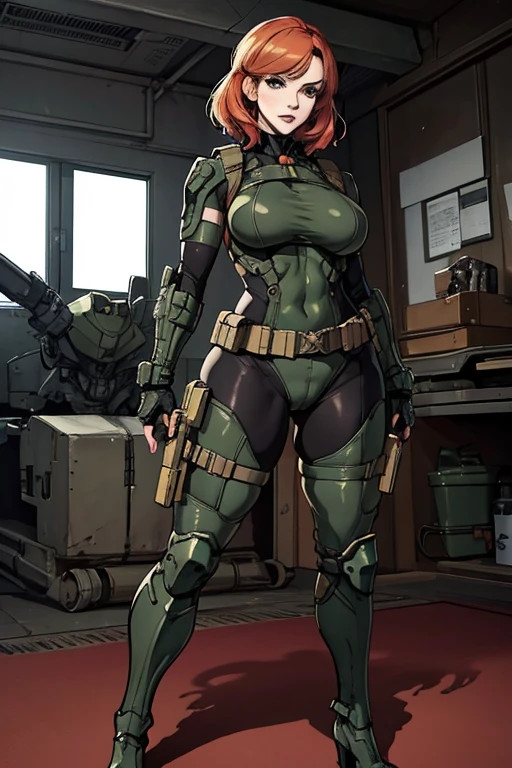Imagine Christina Hendricks as an Metal Gear Solid character, Christina Hendricks in a stealth video game, Metal Gear Solid, Metal Gear Solid universe, designed by Yoji Shinkawa. High-quality facial research of Christina Hendricks, (Christina's sculpted cheekbones and slight wrinkles around the face), 48 years old, High-quality detailed research of Christina Hendricks voluptuous figure. Wearing Fingerless Gloves, skin-tight bodysuit, armored pieces, utility belt, metallic armlets, armored boots, high-tech futuristic goggles. Dangerous, beautiful detailed eyes, beautiful detailed lips, long eyelashes, bold and intense gaze, confident expression, fierce and powerful stance. Full Body shot