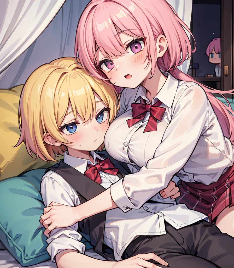 masterpiece, Highest quality, so beautiful, absurdists,High resolution,One girl, One boy,Cuddling in bed, like,sexly,Look at each one, blush,Age difference,bow tie,blondes,chest,Long Hair,Pink Hair,Tucked in shirt,short hair,skirt,Tent shirt,Slut,Big breasted sister and brother,Siblings, trousers,Pushing her big tits against her brother,(My brother&#39;s small erect penis),((((姉のvery huge breasts,Sister crushes her big tits in her brother&#39;s face)))),(((((Very huge breasts))))),(((((small penis,NSFW,Soft Very HUGE breasts))))),((Bursting Breasts,弟の顔を隠すHuge breasts)),((((((((Huge breasts,Large Breasts,とてもLarge Breasts、すごくLarge Breasts、とてつもなくLarge Breasts)))))))),Two people gazing at each other,puffy nipples