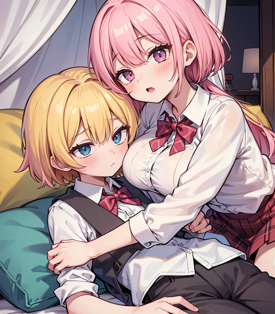 masterpiece, Highest quality, so beautiful, absurdists,High resolution,One girl, One boy,Cuddling in bed, like,sexly,Look at each one, blush,Age difference,bow tie,blondes,chest,Long Hair,Pink Hair,Tucked in shirt,short hair,skirt,Tent shirt,Slut,Big breasted sister and brother,Siblings, trousers,Pushing her big tits against her brother,(My brother's small erect penis),((((姉のvery huge breasts,Sister crushes her big tits in her brother's face)))),(((((Very huge breasts))))),(((((small penis,NSFW,Soft Very HUGE breasts))))),((Bursting Breasts,弟の顔を隠すHuge breasts)),((((((((Huge breasts,Large Breasts,とてもLarge Breasts、すごくLarge Breasts、とてつもなくLarge Breasts)))))))),Two people gazing at each other,puffy nipples