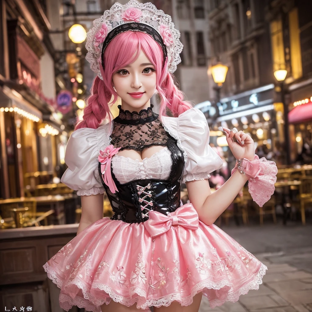 (Browsing Caution), Sexy and stylish female model, Only one woman, ((Doll-like appearance)), Long neon pink stylish hair, ((Shiny Victorian Boots)), (Big smile), Highly detailed eyes, Vibrant eye makeup, Lip gloss, Long eyelashes, Well-defined eyebrows, ((Sexy Paradise Kiss Cosplay)), Bell-shaped skirt, petticoat, High neck, Puff sleeves, ((ultra detailed lace)), ((Very fine embroidery)), Intricate details, Paradise Kiss accessories and matching headpiece, choker, ((Big Shiny Paradise Kiss Jewelry)), Cinematic Light, pregnancy,