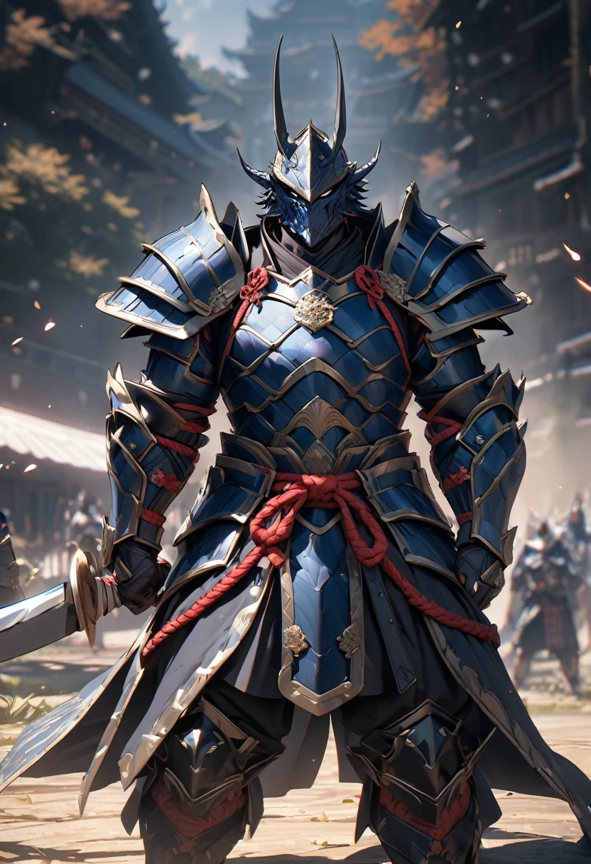 masterpiece, 8k, best quality, highly detailed, a warrior wearing strength boosting samurai armor made of blue & black scales