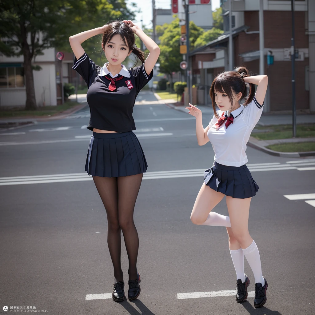 (((young Japanese girls jumping  wearing short sleeve mini skirt high school uniform))),(full body shot:2),  natural lighting, ultra sharp focus,huge breasts, ((beautiful face)), wearing pantyhose