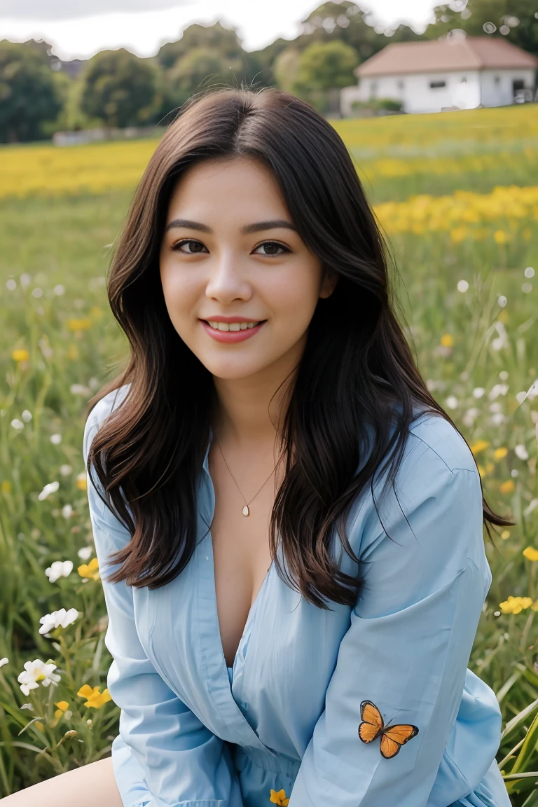 front view, happy stunning woman with curly long dark hair, wearing blue clothes sit in a beautiful field of flowers, colorful flowers everywhere, some blue and orange butterflies, perfect lighting, leica summicron 35mm f2.0, Kodak Portra 400, film grain