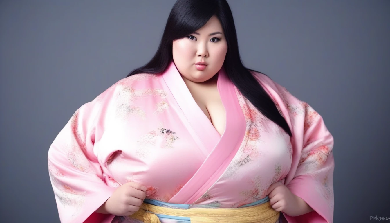cute black haired asian with extreme huge enormous, bbw, obese, pink kimono. masterpiece 8k, professional photography