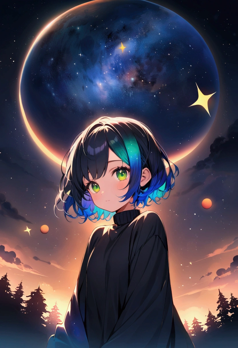 Sky, it's night, the night is full of stars, there are planets in the sky, bright colors, Incredible details, Shiny hair, spectacular hair, cute, little, short hair, galaxy hair, green eyes, silhouette, tanned, black sweater,
