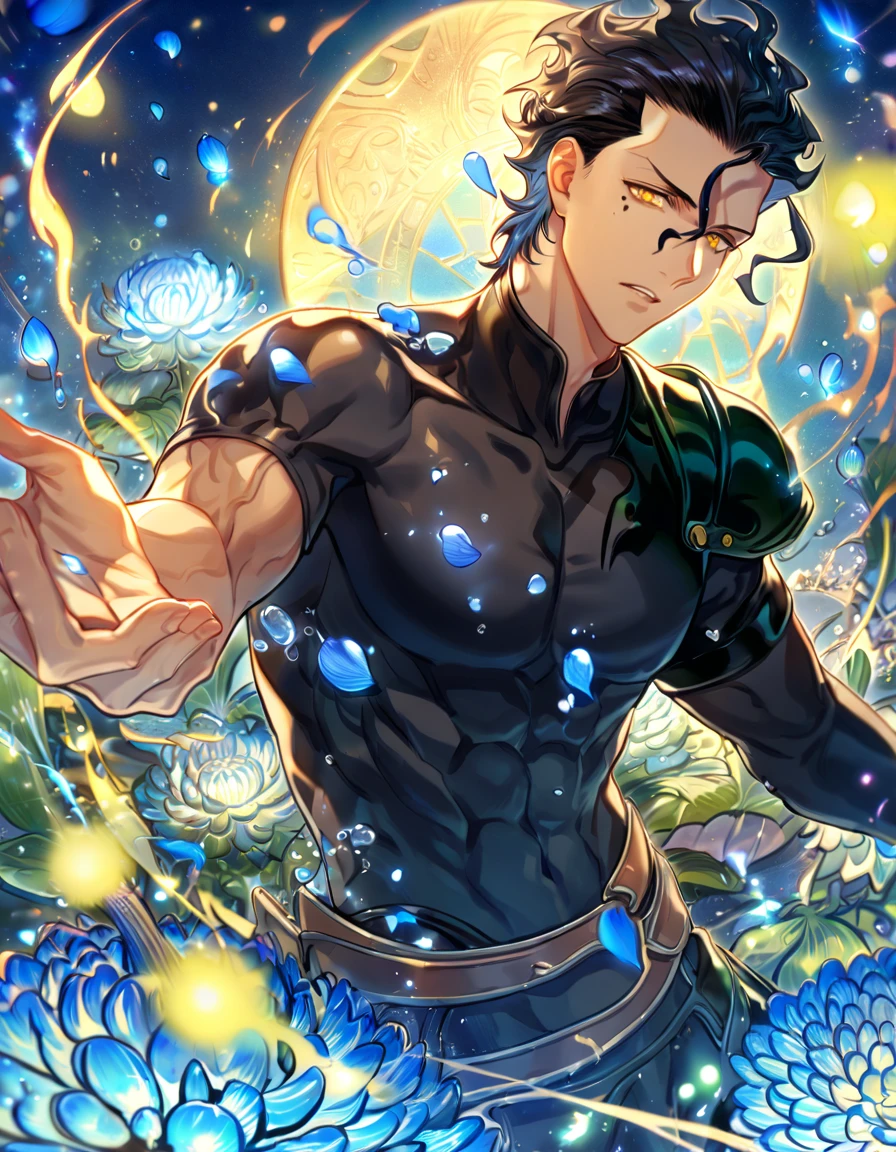 Ultra detailed, HDR, Highres, absurdres, master piece, Diarmuid Ua Duibhne, black hair, expressive yellow eyes, mole under his eye, Fate Grand Order, handsome, sexy man, solo, black tight shirt, water, fantasy, magical, blue Chrysanthemum flowers, blue petals, best quality, blue fireflies, shining fireflies, blue moon, glittering,