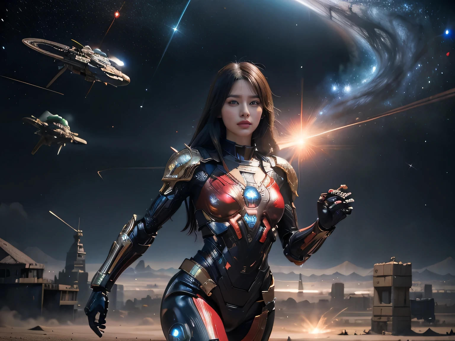 (RAW Photos, Highest quality), (Realistic, Realistic:1.3), 1 Girl、Realisticbody、Red light combat suit、Meteor warrior flying from space、Fighting the reptilian aliens、Laser reflection diffusion、Small Shield、Planetary explosion、Robot Soldier