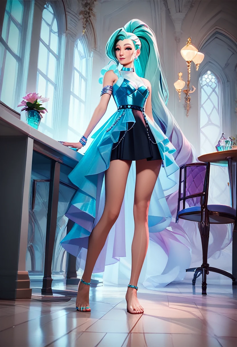 ((Full body photo, standing, feet on the floor)) score_9, score_8_up, score_7_up, score_6_up, score_5_up, score_4_up, 1girl, seraphine (KDA), aqua hair, ponytail