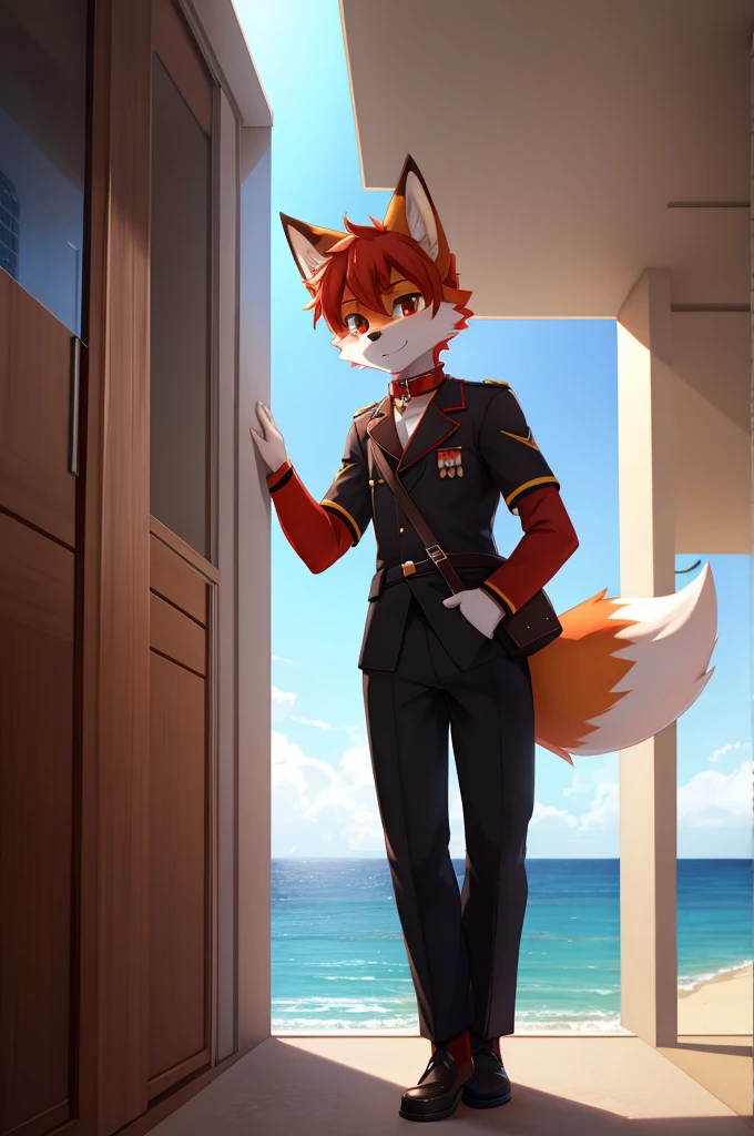 fox boy,Ocean,Red collar,Large high rise apartment building, 8K resolution,high resolution,最high resolution,sandbox,uniform