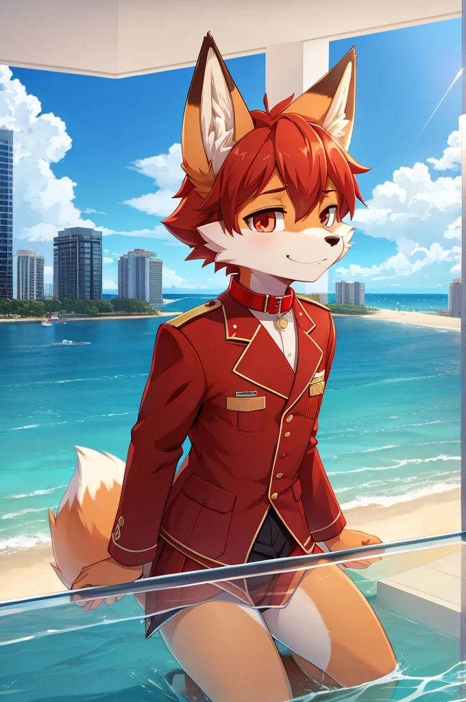 fox boy,Ocean,Red collar,Large high rise apartment building, 8K resolution,high resolution,最high resolution,sandbox,uniform