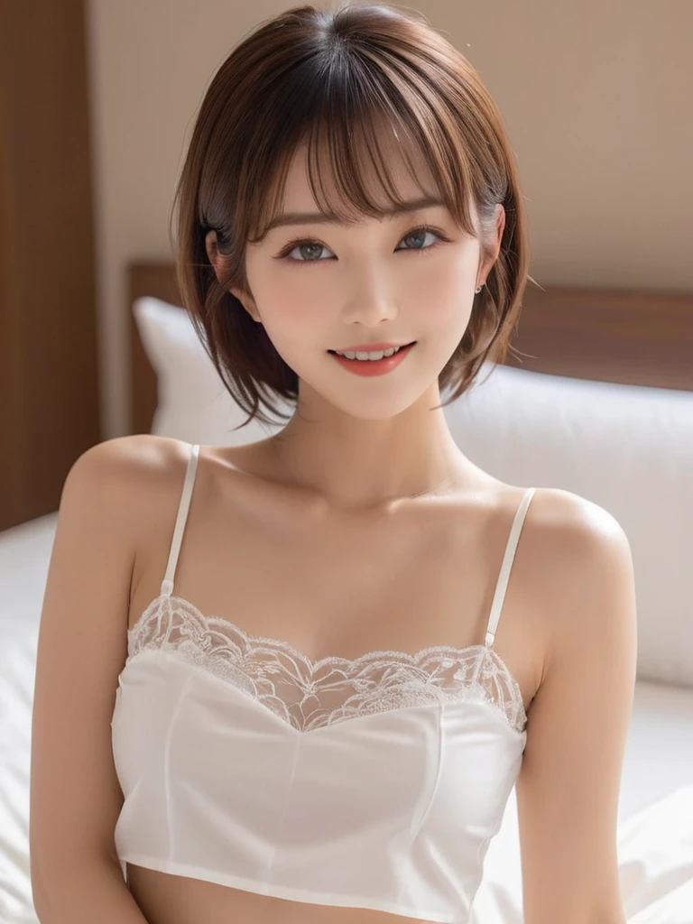 Masterpiece, High Quality, High Resolution, (Super Detail) ), (Wallpaper), ((Face) Detail),masterpiece, One woman per photo, Full Body Shot,Underarm、 Composition looking down at the subject from above, Young and beautiful woman in Japan, Smiling super cute face, short hair, She is wearing a sleeveless white silk satin chemise with white lace.,White panties、 Small breasts、skinny、Glossy Lips, Attractive person, She is lying on her back on a silk bed with her legs spread apart, Silk pillow, Silk bed sheets, Double eyelids on both eyes, Natural Makeup, Long eyelashes, Shiny and smooth light brown hair, Asymmetrical bangs, Fair skin, Center image, 8K resolution, High detail, Detailed hairstyle, Detailed face, Spectacular movie lighting, Vibrant, Ultra-realistic, Perfect limbs, Perfect Anatomy,Beautiful teeth alignment