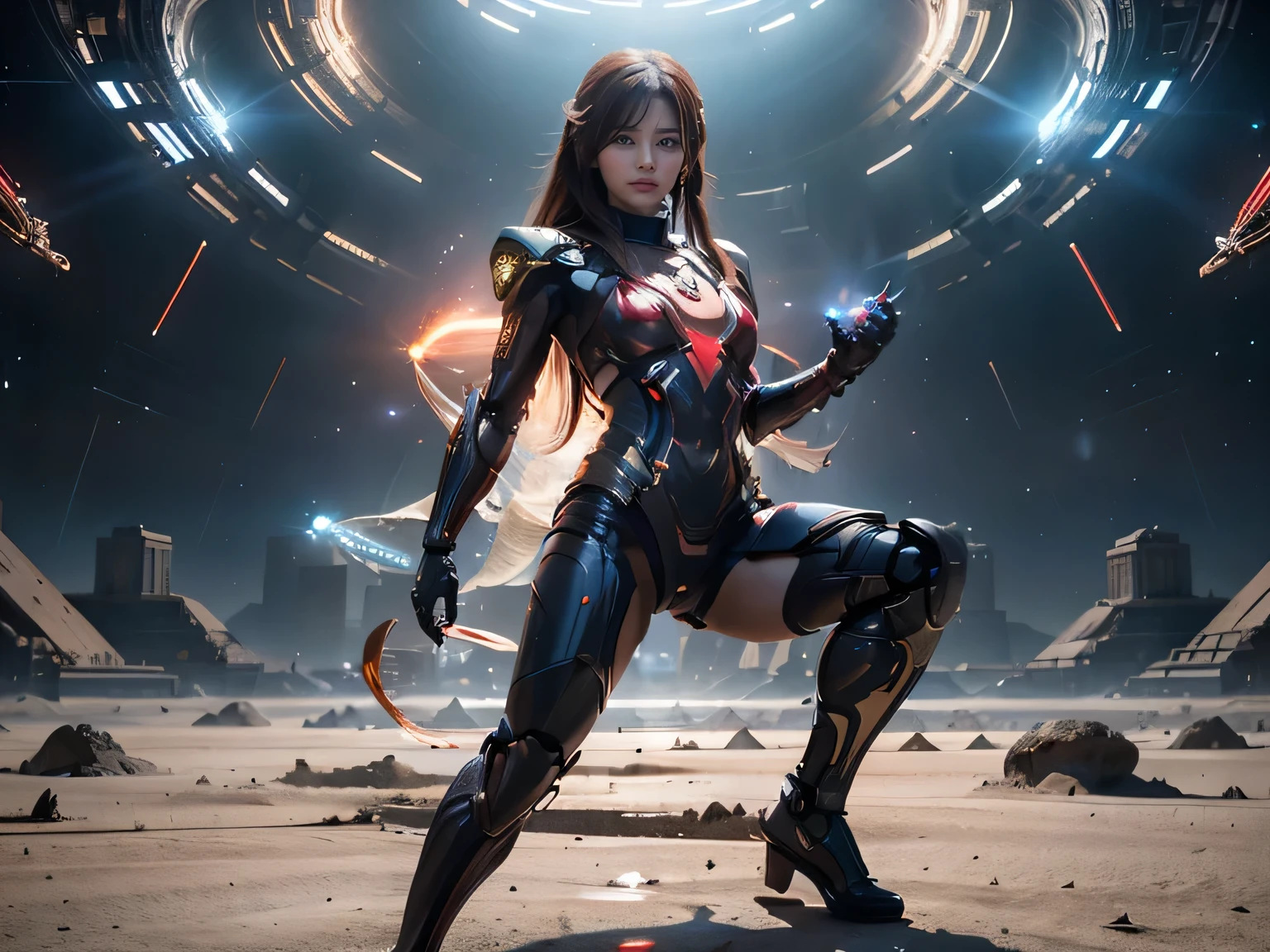 (RAW Photos, Highest quality), (Realistic, Realistic:1.3), 1 Girl、Realisticbody、Red light combat suit、Meteor warrior flying from space、Fighting the reptilian aliens、Laser reflection diffusion、Small Shield、Planetary explosion、Robot Soldier