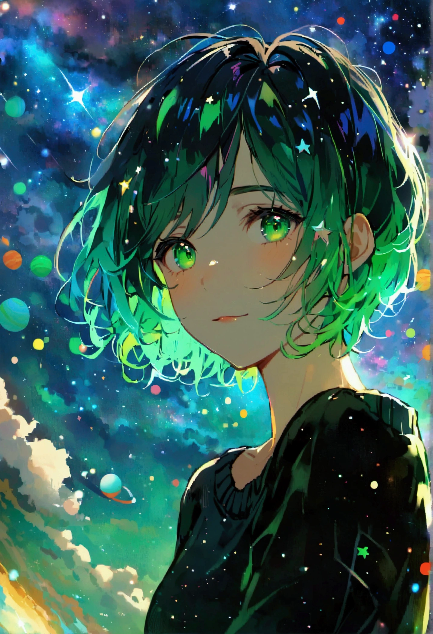 Sky, it's night, the night is full of stars, there are planets in the sky, bright colors, Incredible details, Shiny hair, spectacular hair, Cute, small, short hair, galaxy hair, green eyes, silhouette, tanned, black sweater,
