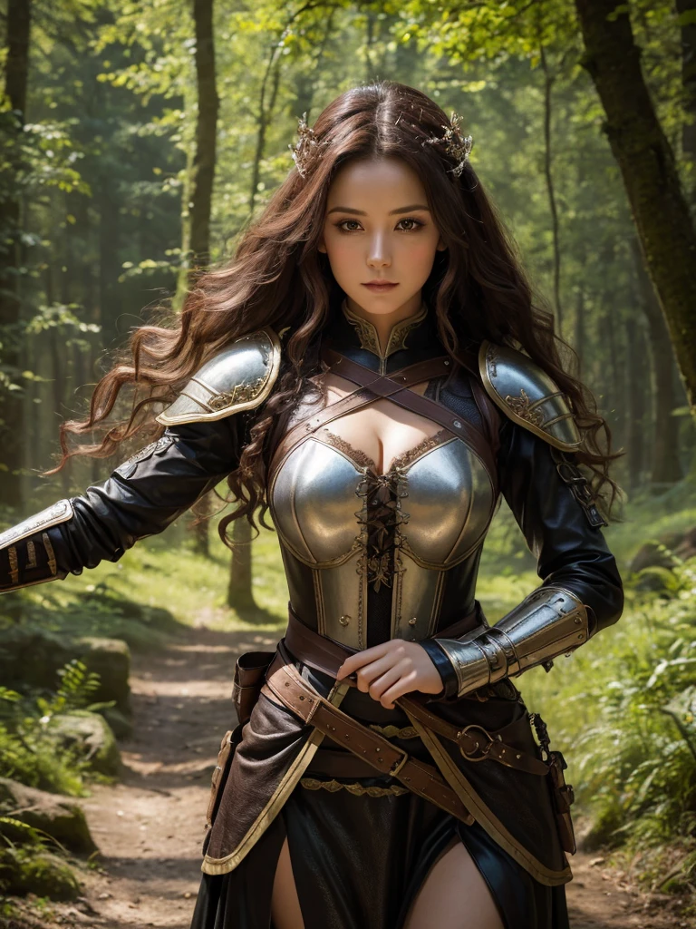 Highest quality, masterpiece, Ultra-high resolution, Strong Woman, Long Curly Hair, Leather Armor, Medieval costume, Shooter, Exquisite Bow, Mystical Runes, Magic, Detailed background, forest, extreme detailed, 4K,  