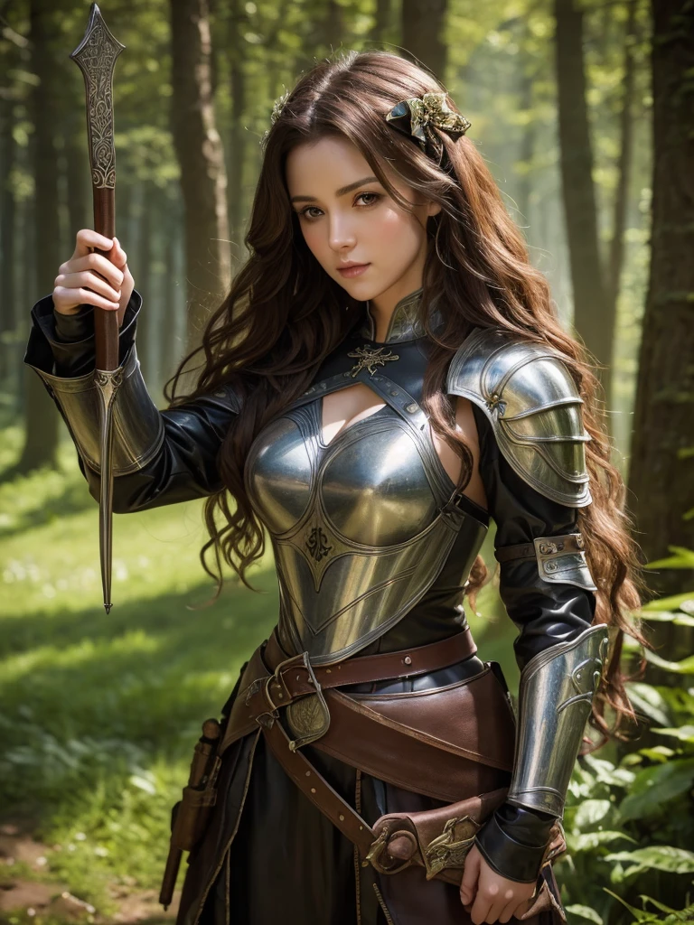 Highest quality, masterpiece, Ultra-high resolution, Strong Woman, Long Curly Hair, Leather Armor, Medieval costume, Shooter, Exquisite Bow, Mystical Runes, Magic, Detailed background, forest, extreme detailed, 4K,