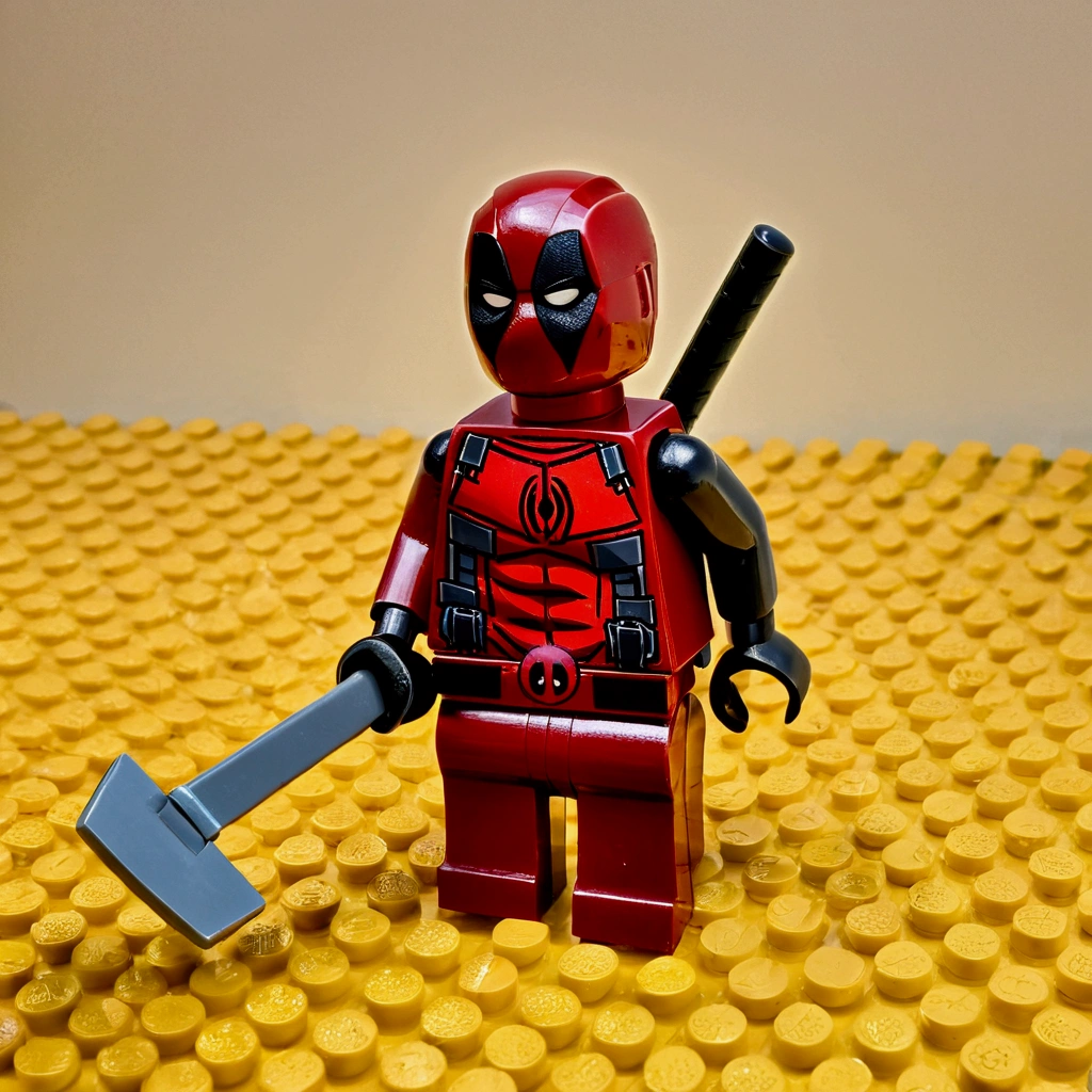 A photo of a lego like Dead pool, golden toy, plastic, mini