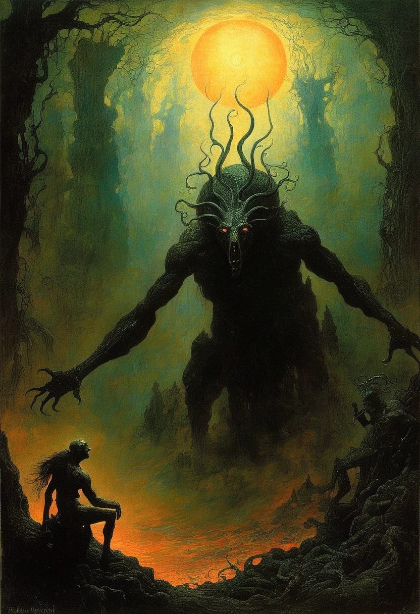 Mythical creatures, author:Zdzislaw Beksiński and Alphonse Mucha, Surrealism,Satan, Azathoth, Dark Forest、nightmare