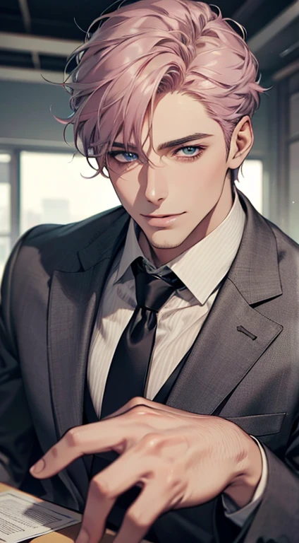 (Highest quality,4K,8K,High resolution,masterpiece:1.2),Super detailed,(Realistic,photoRealistic,photo-Realistic:1.37),1 person,31 years old,Mature Men,Beautiful skin、very handsome,Expressionless,smile,Short gray pink hair,blue eyes,Sharp Eyes,A perfect face without a doubt,Businessman, desk mansion,Cinema Lighting,HDR image,tie、